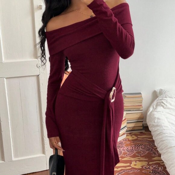 Burgundy Party Women's Fleece Knit Turtleneck Off Shoulder Fitted Dress - Picture 3 of 7